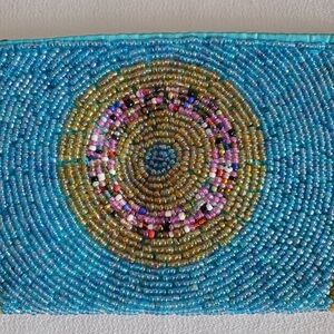 Beaded Wristlet Blue Multi-Color Medallion Design Zipper Boho Clutch Accessory